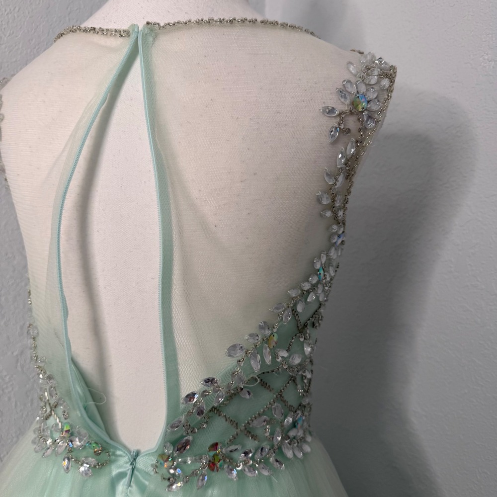 Clarisse Mint Beaded Homecoming Dress Size 2 Illusion Neck Rhinestone Fit Flare - Picture 10 of 14